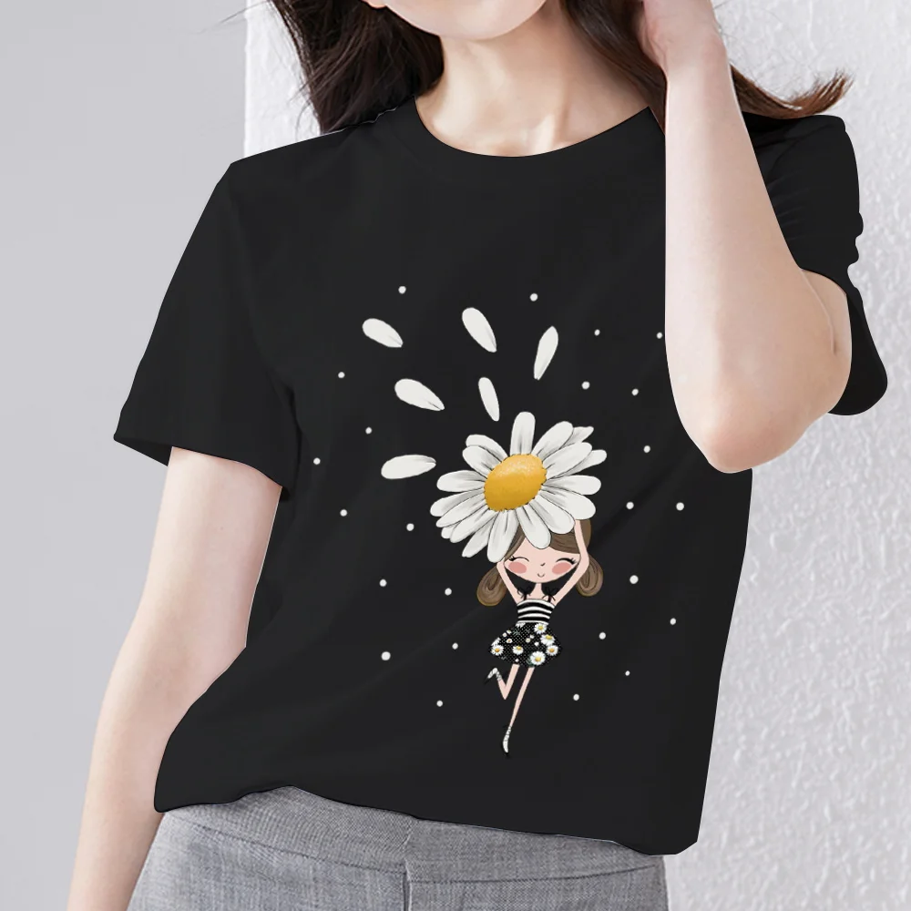 Top Trends: Women's T-shirt Casual Slim Round Neck Classic Daisy Fairy Pattern Series Printed Basic Breathable Comfortable Women's Black Top Shoppable Styles