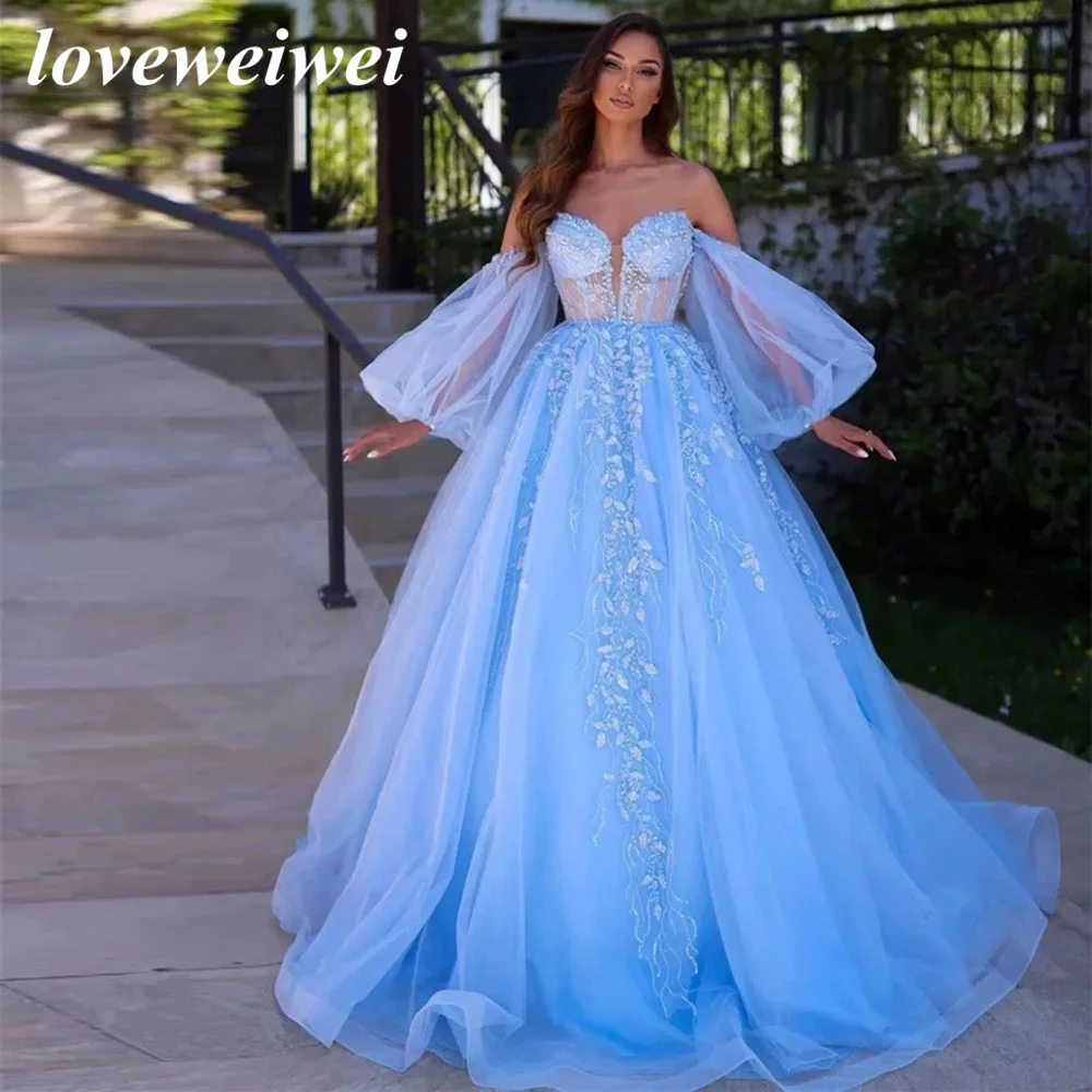 Top Trends: Charming Sky Blue Shiny Appliques Beaded Prom Dress Detachable Puff Sleeves Tulle Ball Gowns Corset Princess Evening Gown Dress Shoppable Styles