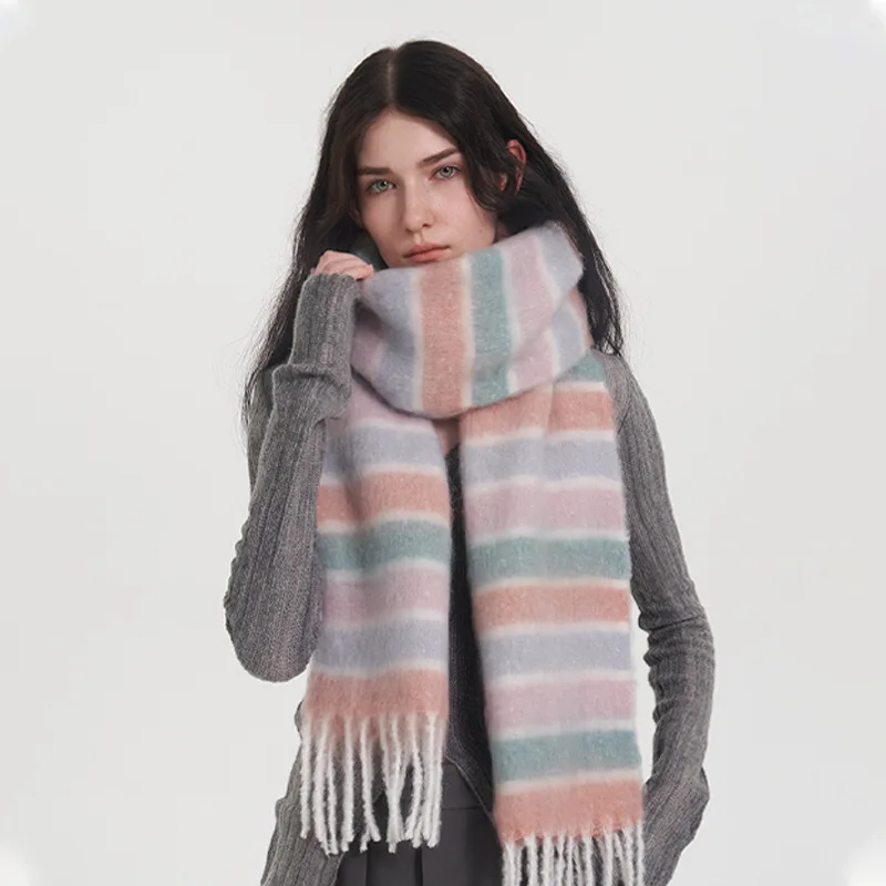 Top Trends: New Winter Scarves 2023 Women Ins Style Dopamine Rainbow Striped Fringe Thick Warm Shawls And Wraps Shoppable Styles