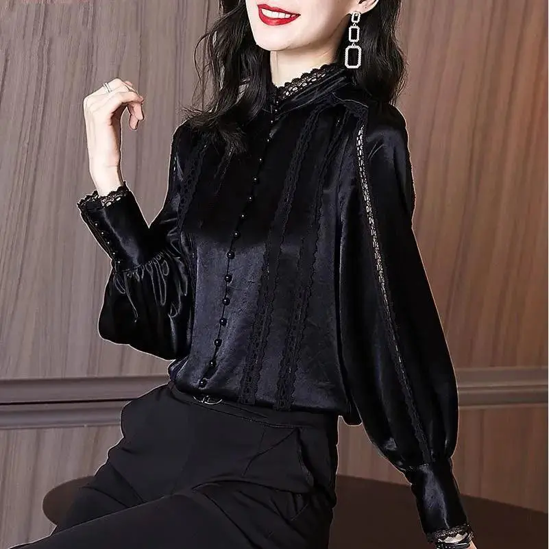 Top Trends: Stand Collar Casual Blouse 2022 Spring Autumn Vintage Elegant Loose Plus Size Women Clothing Lace Spliced Tops Puff Sleeve Shirt Shoppable Styles