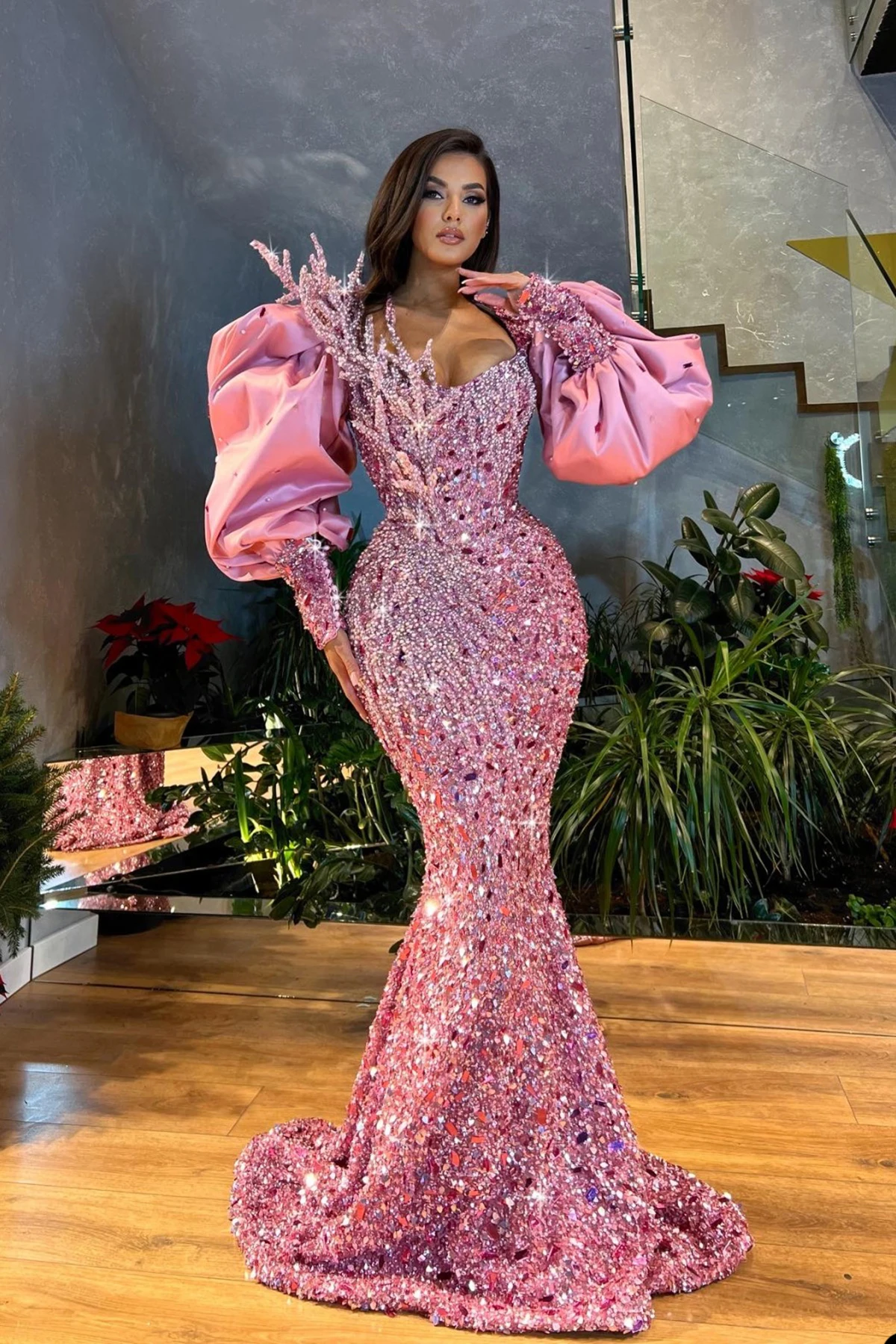 Top Trends: Sparkle Pink Mermaid Evening Dresses Puff Sleeves Prom Gowns Custom Made Crystals Sequined Party Dresses Shoppable Styles - Image 4