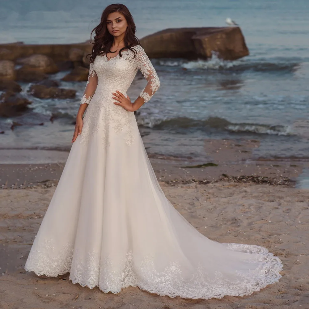 Top Trends: Long Wedding Dress Eleagnt Long Sleeves V Neck Lace Appliques A Line Tulle Sweep Train Bridal For Women Robe De Mariee Summer Shoppable Styles