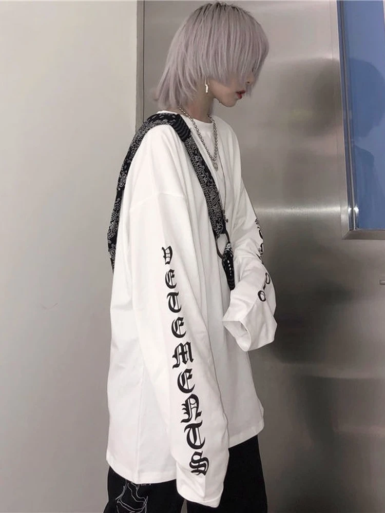 Top Trends: QWEEK Gothic Harajuku Oversized T Shirts Women Korean Letter Print Tees Black Long Sleeve Tops 2022 Spring Kpop Alt Clothing Shoppable Styles - Image 5