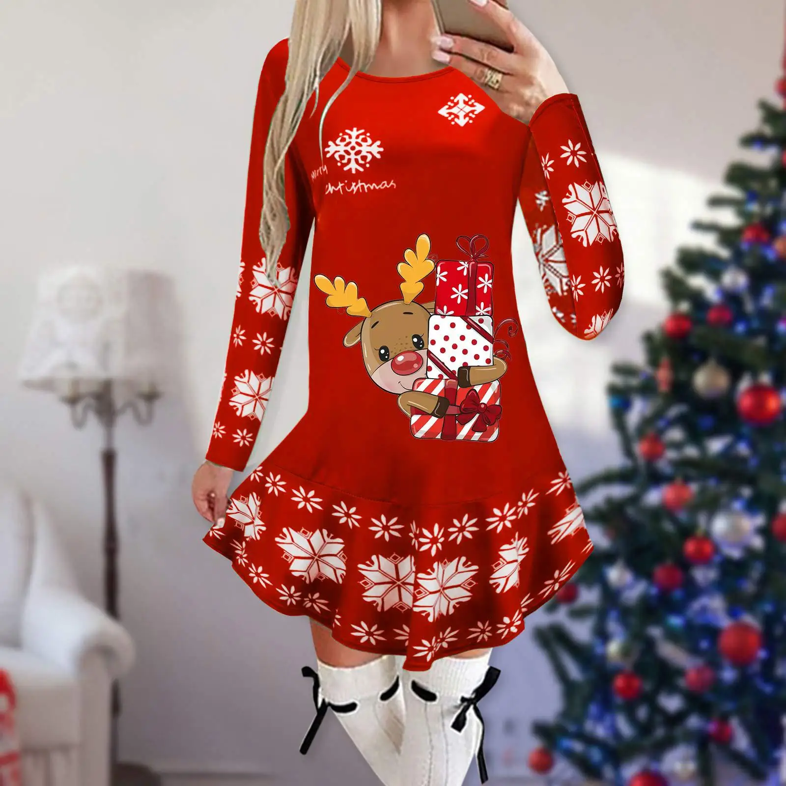 Top Trends: Christmas Dresses For Women Elk Print Long Sleeve Mini Dress Autumn Winter Fashion Ladies Holiday Mini Dresses New Year 2024 Shoppable Styles