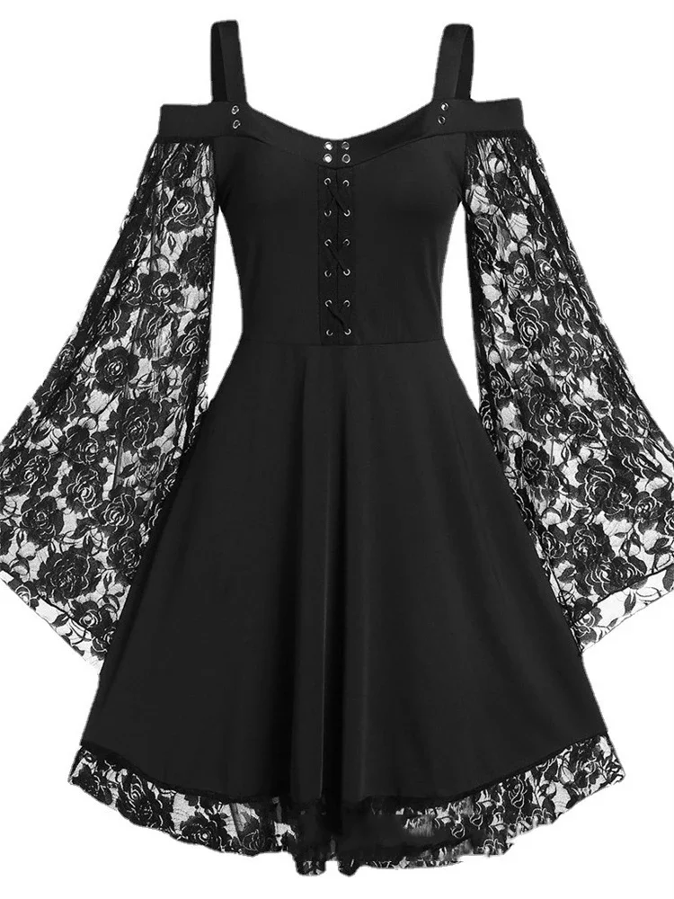 Top Trends: 2022 New Gothic One-shoulder Lace Stitching Flared Sleeve Dress Literary Vintage Autumn Grunge Black A-line Dress Punk Partywear Shoppable Styles