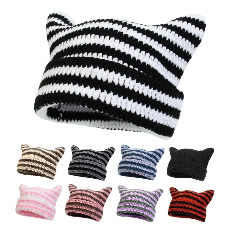 Top Trends: New Japanese Streetwear Harajuku Beanie Little Devil Striped Knitted Hat Women Girls Autumn Winter Cute Cat Ears Cap Shoppable Styles