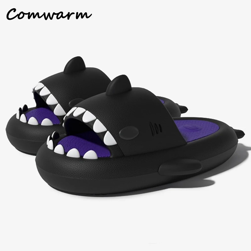 Top Trends: Comwarm Color Blocking Shark Slippers For Women Men Fashion Shark Slides Bathroom Non-slip Sandals Outdoor Thick Sole Flip Flops Shoppable Styles