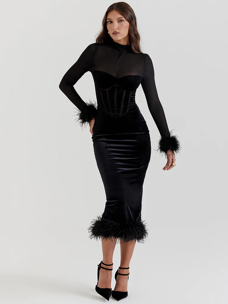 Top Trends: Mozision Elegant Feather Sexy Midi Dress For Women Black Fashion Sheer Long Sleeve Backless Bodycon Club Party Long Dress Shoppable Styles