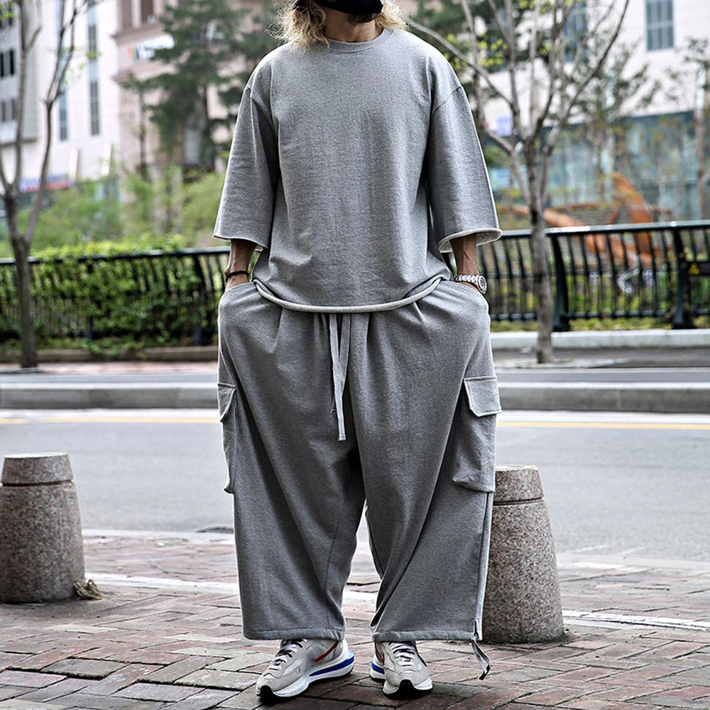 Top Trends: Street Hiphop Casual Suit Summer Loose Bboy Two-piece Retro Solid Color T-shirt Jacket Skateboard Overalls Trousers Streetwear Shoppable Styles