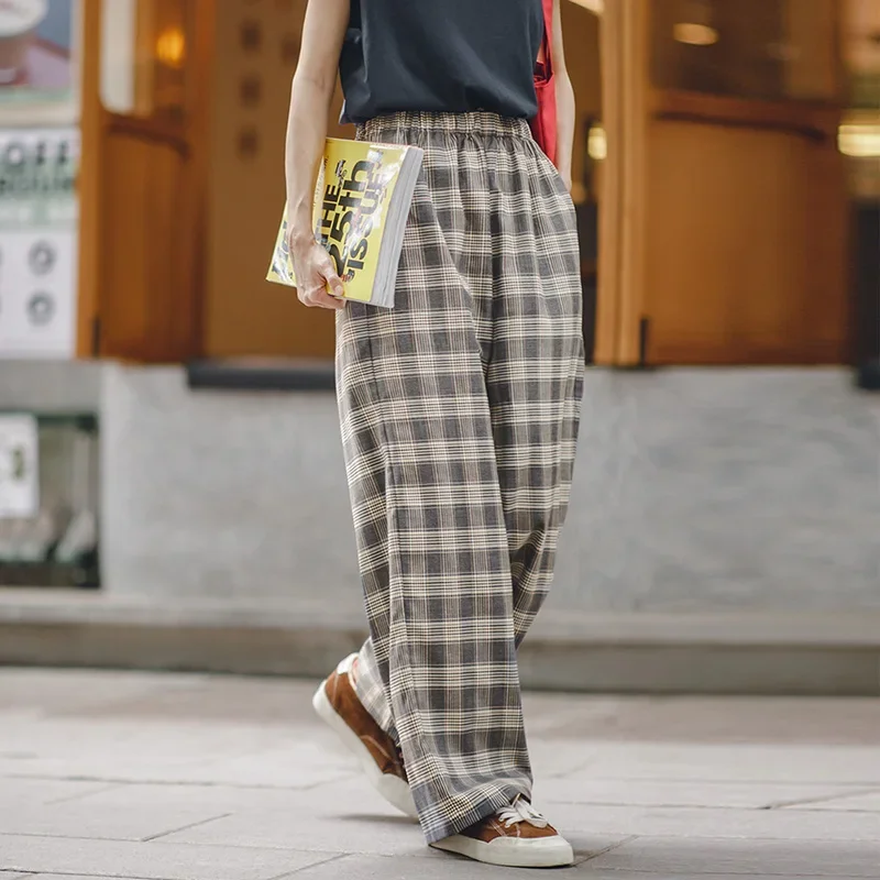 Top Trends: Maden Vintage Plaid Casual Pants For Women Elastic High Waist Straight Baggy Pants Korean Fashion Summer Loose Wide Leg Trousers Shoppable Styles