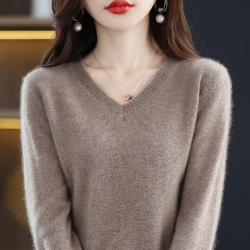 Top Trends: New 100% Pure Wool Long-Sleeved V-Neck Sweater For Women In Autumn And Winter Loose Pullover Knitted Bottoming Shirt Shoppable Styles