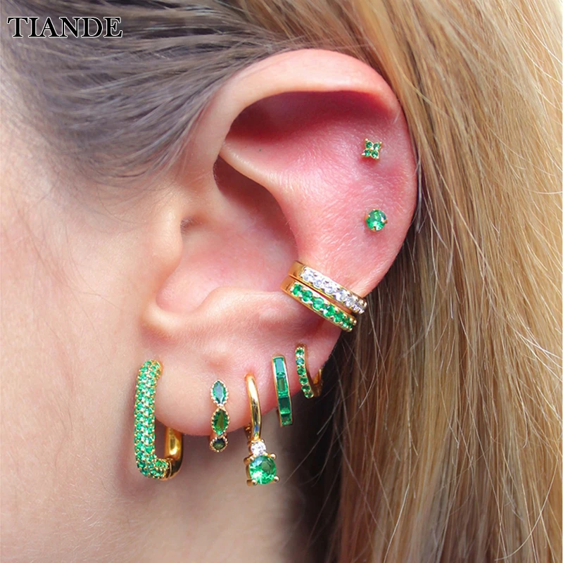 Top Trends: TIANDE Gold Plated Huggies Hoop Earrings For Women Green Zircon Ear Cuffs Women&#039;s Earrings Set 2023 Fashion Jewelry Wholesale Shoppable Styles