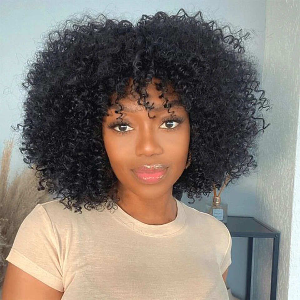 Top Trends: Joedir Afro Kinky Curly Wig Short Curly Wig With Bangs Highlight Glueless Full Machine Made Remy Brazilian Human Hair Wigs Shoppable Styles