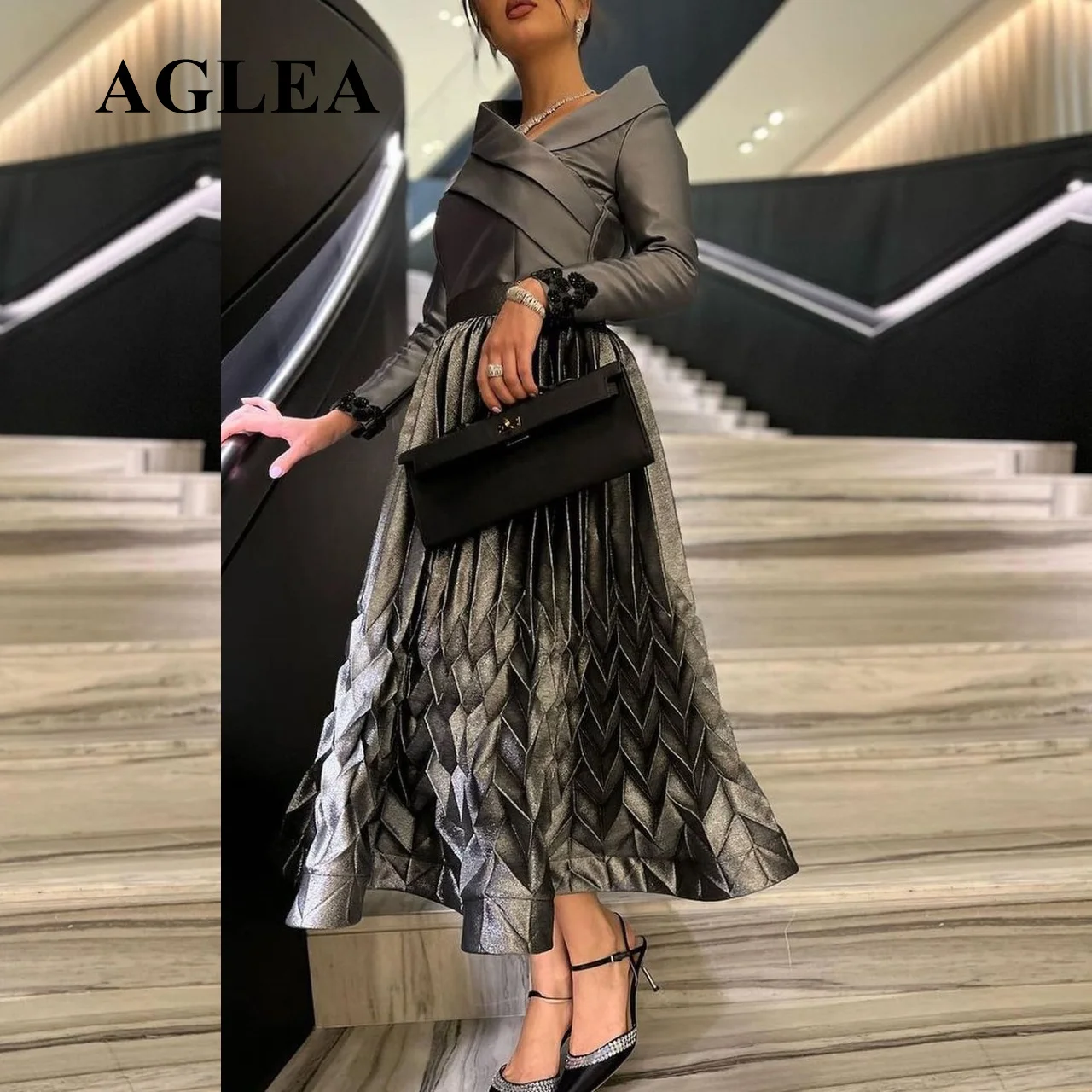 Top Trends: AGLEA 2024 Vintage Formal Occasion Dresses A-line V Neck Long Sleeves Pleated Beaded Ankle Length Women Prom Evening Dress Shoppable Styles