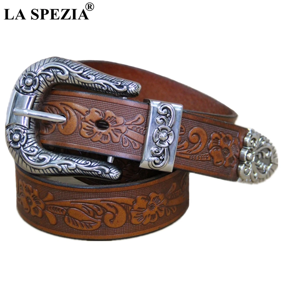 Top Trends: LA SPEZIA Real Leather Belt Men High Quality Camel Pin Belt Male Retro Designer Brand Cowhide Genuine Leather Carving Belt 130cm Shoppable Styles