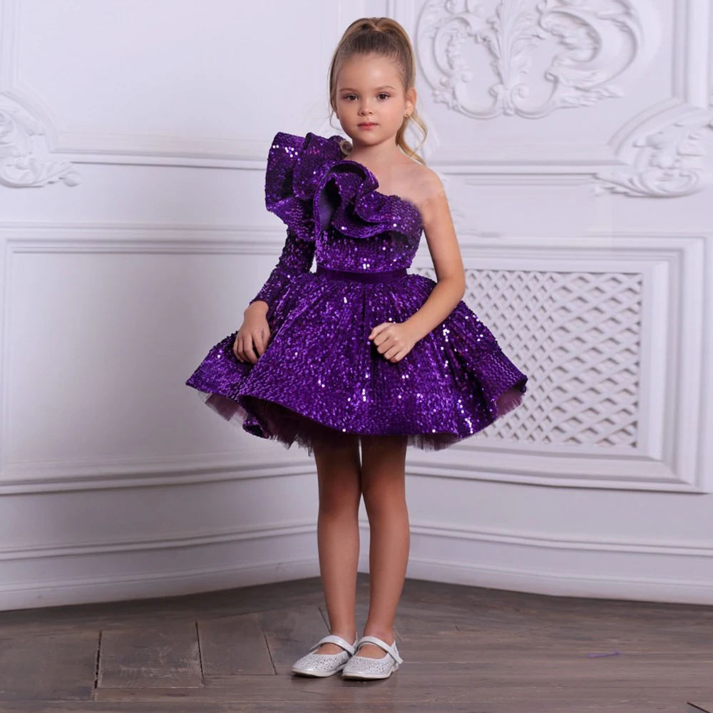 Top Trends: Fashion One Shoulder Purple Knee Length Flower Girl Dresses With Sequined Tutu Communion Dresses Girls 2023 Winter Christmas Shoppable Styles