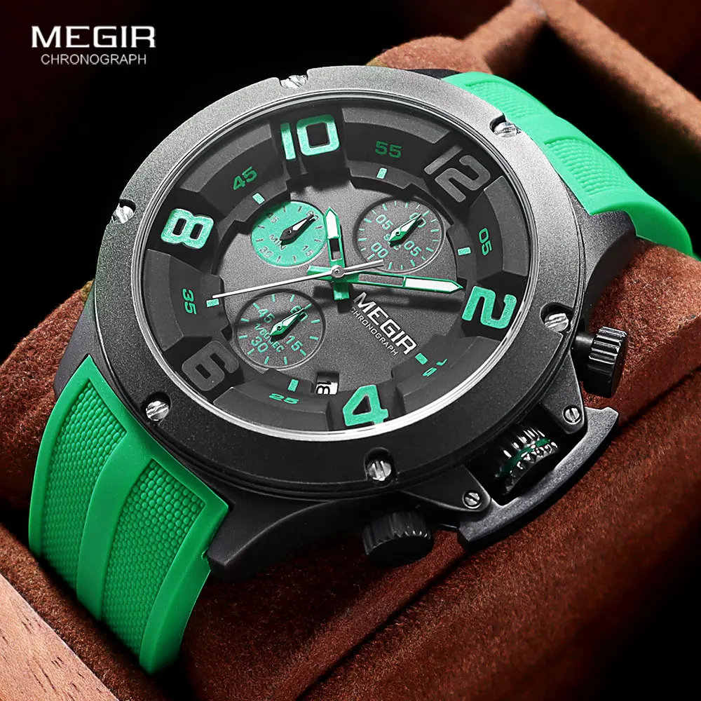 Top Trends: MEGIR Sport Big Quartz Watch Men Fashion Green Silicone Strap Waterproof Chronograph Wristwatch With Auto Date Luminous Hands Shoppable Styles