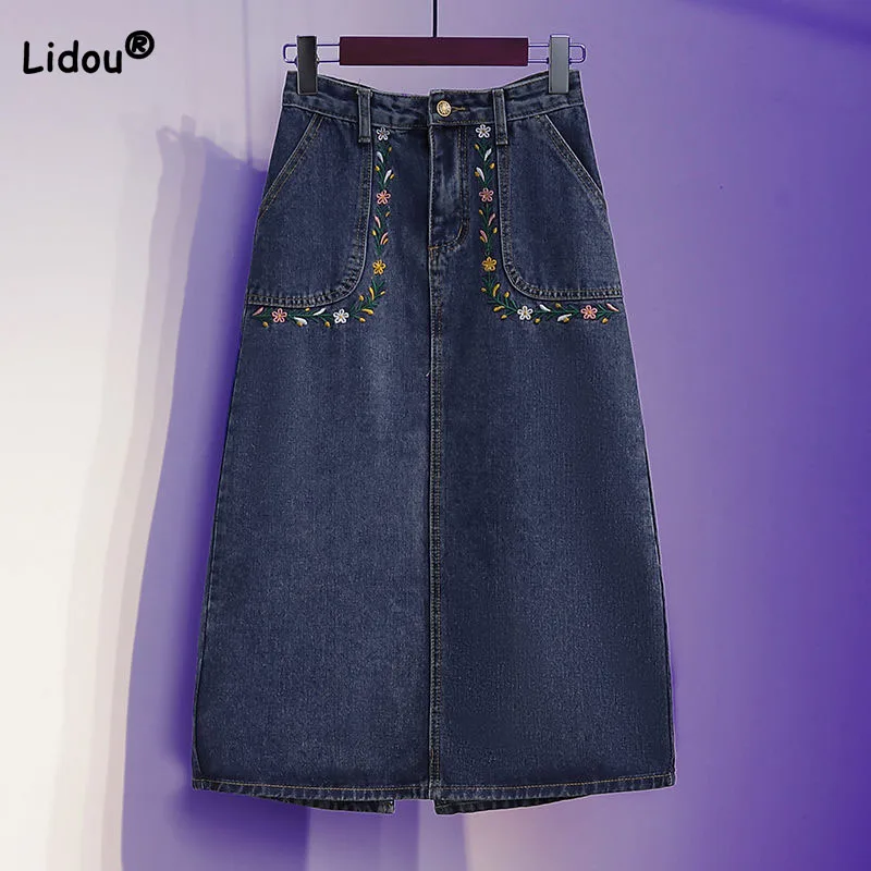 Top Trends: Korean Fashion Embroidery Spliced Denim Skirt For Female Spring Summer Casual High Waist A-Line Split Skirts Women's Clothing Shoppable Styles