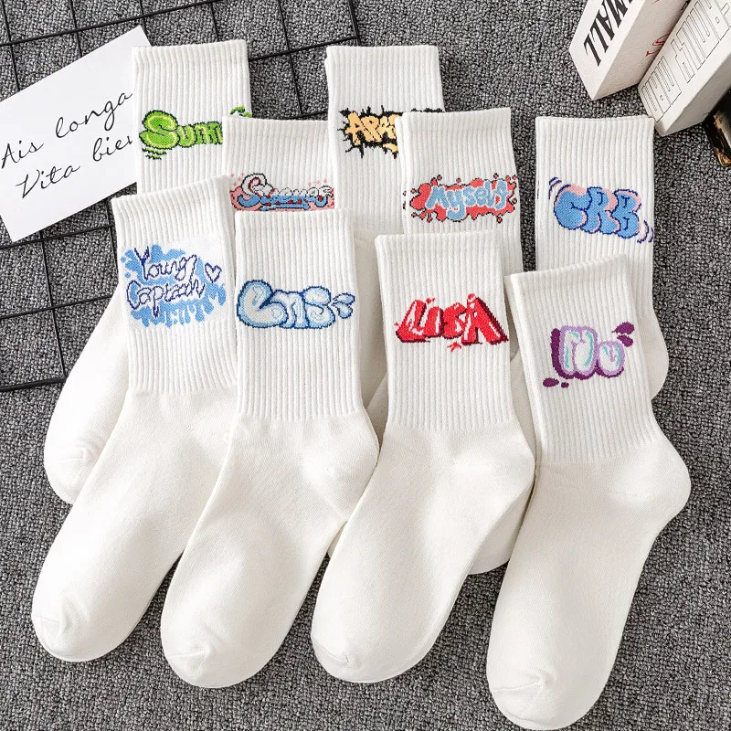 Top Trends: Couple Stockings White Socks Unisex Uniform Size Long Tube Color Letter Socks Breathable Middle Barrel Sports Leisure For Lovers Shoppable Styles