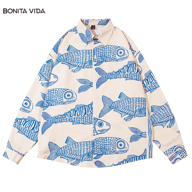 Top Trends: Japanese Anime Cartoon Fish Print Harajuku Shirt Men Street Style Oversize Long Sleeve Shirt Women Youth Blouse Luxury Clothing Shoppable Styles