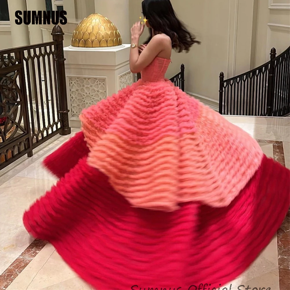 Top Trends: SUMNUS Pink / Red Arabic Evening Dresses Tulle Tiered Prom Gowns Strapless Backless Formal Long Party Dresses For Women Bespoke Shoppable Styles