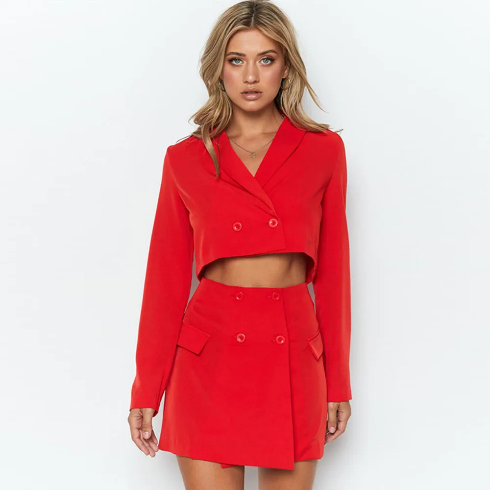 Top Trends: Vintage Solid Colors Suits Fashion Woman Blazer Suit 2021 Women Cropped Blazer And Button Up Mini Skirt Slim One Piece Crop Tops Shoppable Styles