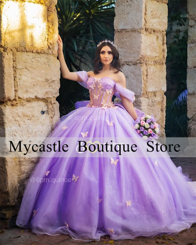 Top Trends: Purple Lace Quinceanera Dresses Ball Gown 2023 With Bow Fishbone Off Shoulder Birthday Party Dress Lace-up Vestidos De 15 Años Shoppable Styles