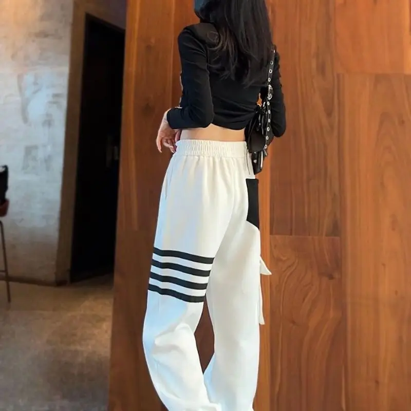 Top Trends: Fashion Chic Striped Spliced High Waist Sweatpants Women's Clothing Spring Autumn Korean Casual Elastic Drawstring Trousers Shoppable Styles - Image 4