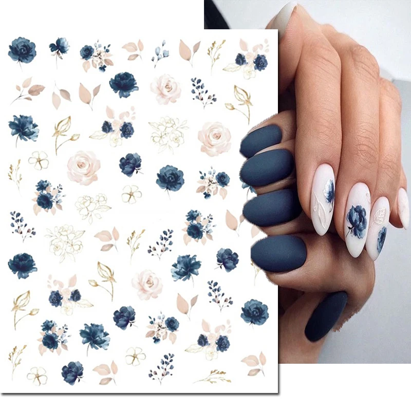 Top Trends: 3d Nail Art Decals Royalblue White Florals Watercolor Flowers Leaves Adhesive Sliders Nail Stickers For Nail Tips Beauty Shoppable Styles