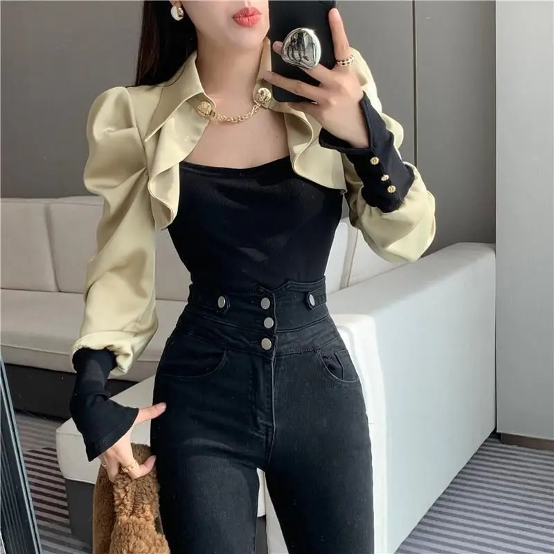 Top Trends: Office Lady Solid Color Patchwork Shirt Slim Fake Two Pieces Spring Autumn Women's Clothing Korean Fashion Button Chain Blouse Shoppable Styles