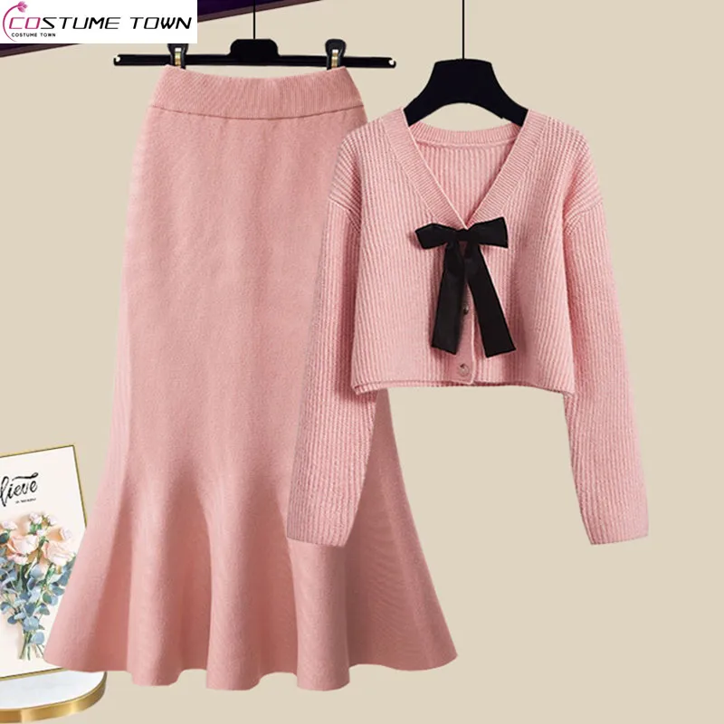 Top Trends: Large Women&#039;s Autumn And Winter Set 2023 New Korean Sweetheart Style Slim Knitted Sweater Fish Tail Skirt Two Piece Set Shoppable Styles