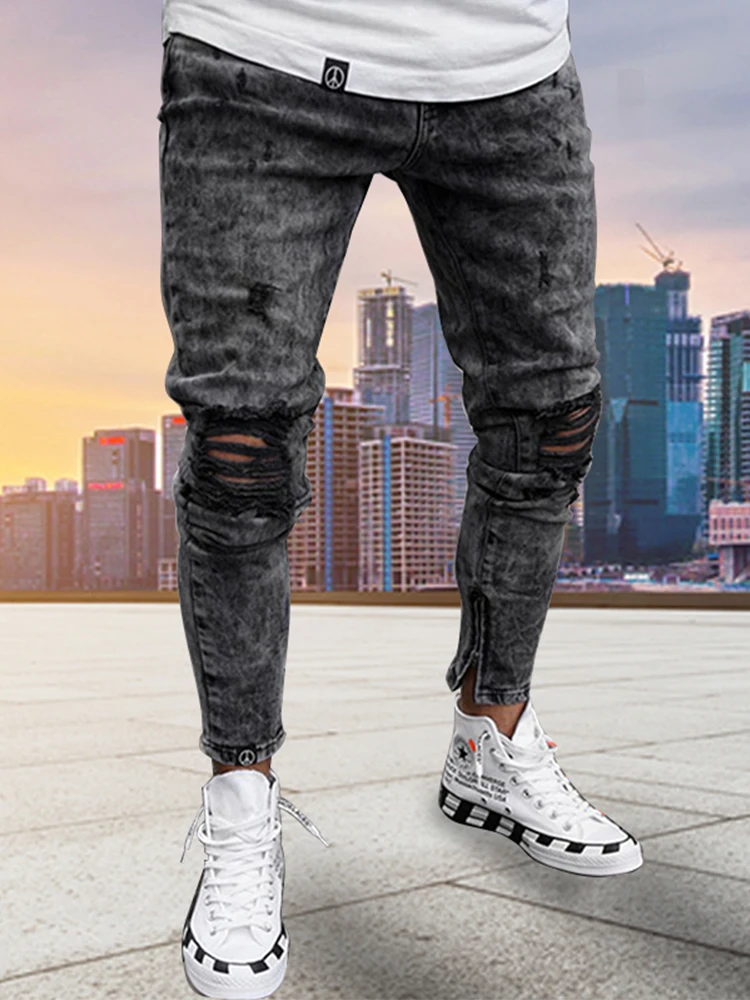 Top Trends: Men Fashion Slim Knee Ripped Jeans Male Skinny Jogging Jean Vintage Washed Streetwear Hip Hop Black Men's Denim Pants Casual Shoppable Styles - Image 2