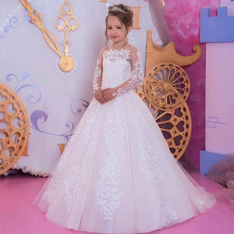 Top Trends: Puffy Tulle Lace Ball Gown Flower Girl Dresses Long Sleeve Girl Princess Dress Illusion Girl Wedding Party Dress First Communion Shoppable Styles