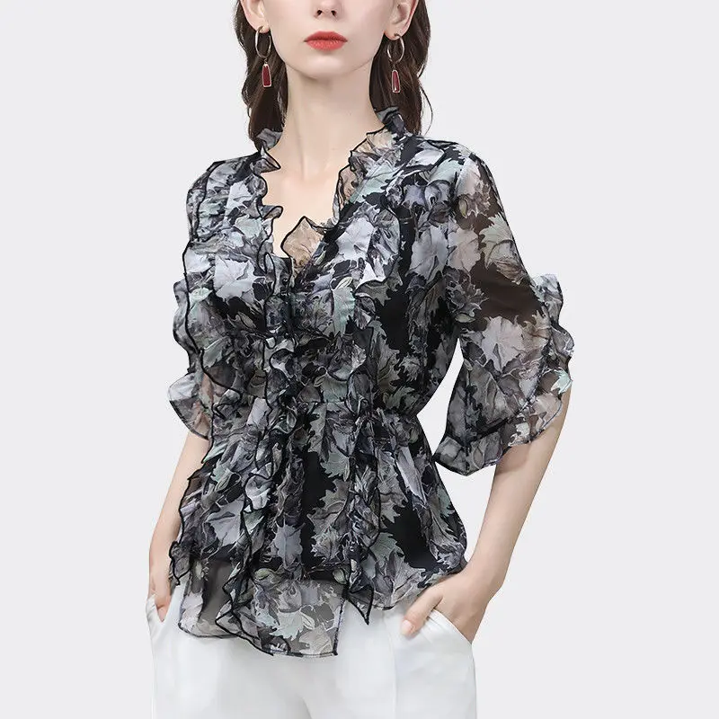 Top Trends: Y2K Elegant Vintage Women Chic Chiffon Shirts Summer New Office Lady Fashion Short Sleeve Casual Ruffles V-neck Pullover Bloouse Shoppable Styles