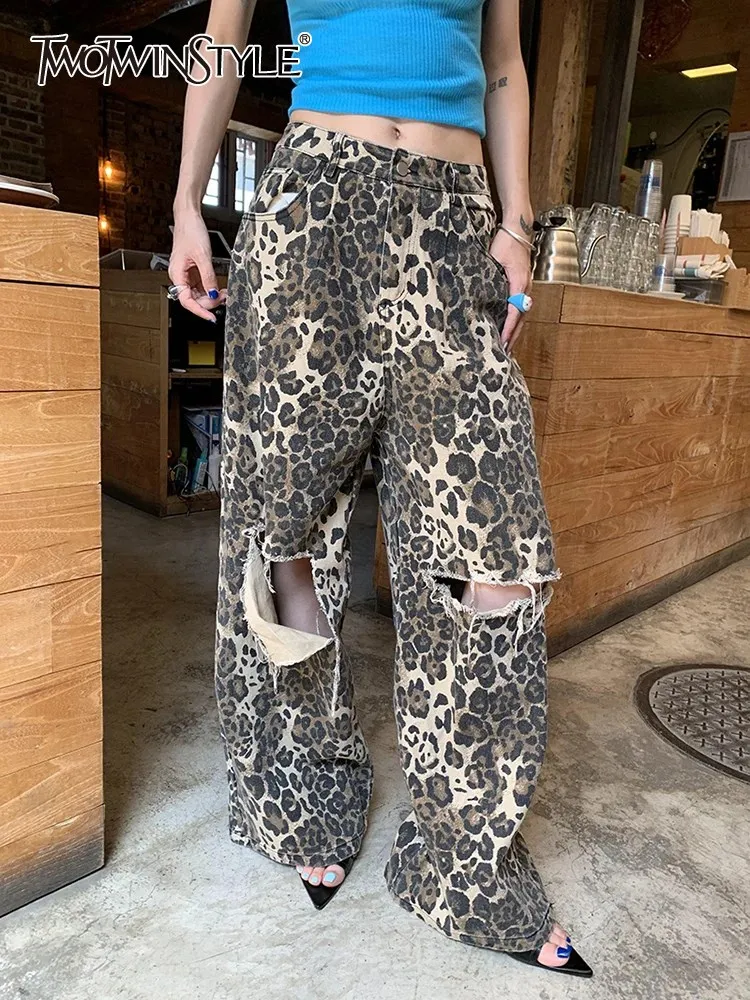 Top Trends: TWOTWINSTYLE Colorblock  Leopard Hollow Out Denim Pants For Women High Waist Spliced Pocket Wide Leg Jeans Female Fashion New Shoppable Styles