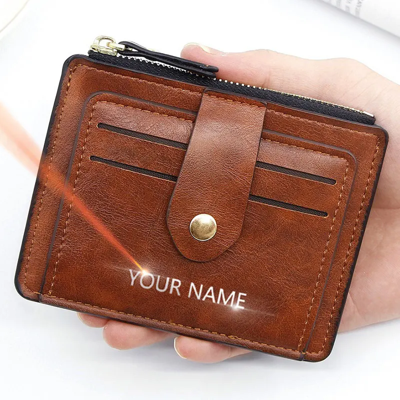 Top Trends: 2023 New Mini Men Card Wallets Free Name Engraving Slim Purses Zipper Coin Pocket Luxury Small Men's Wallet Unisex Card Holder Shoppable Styles