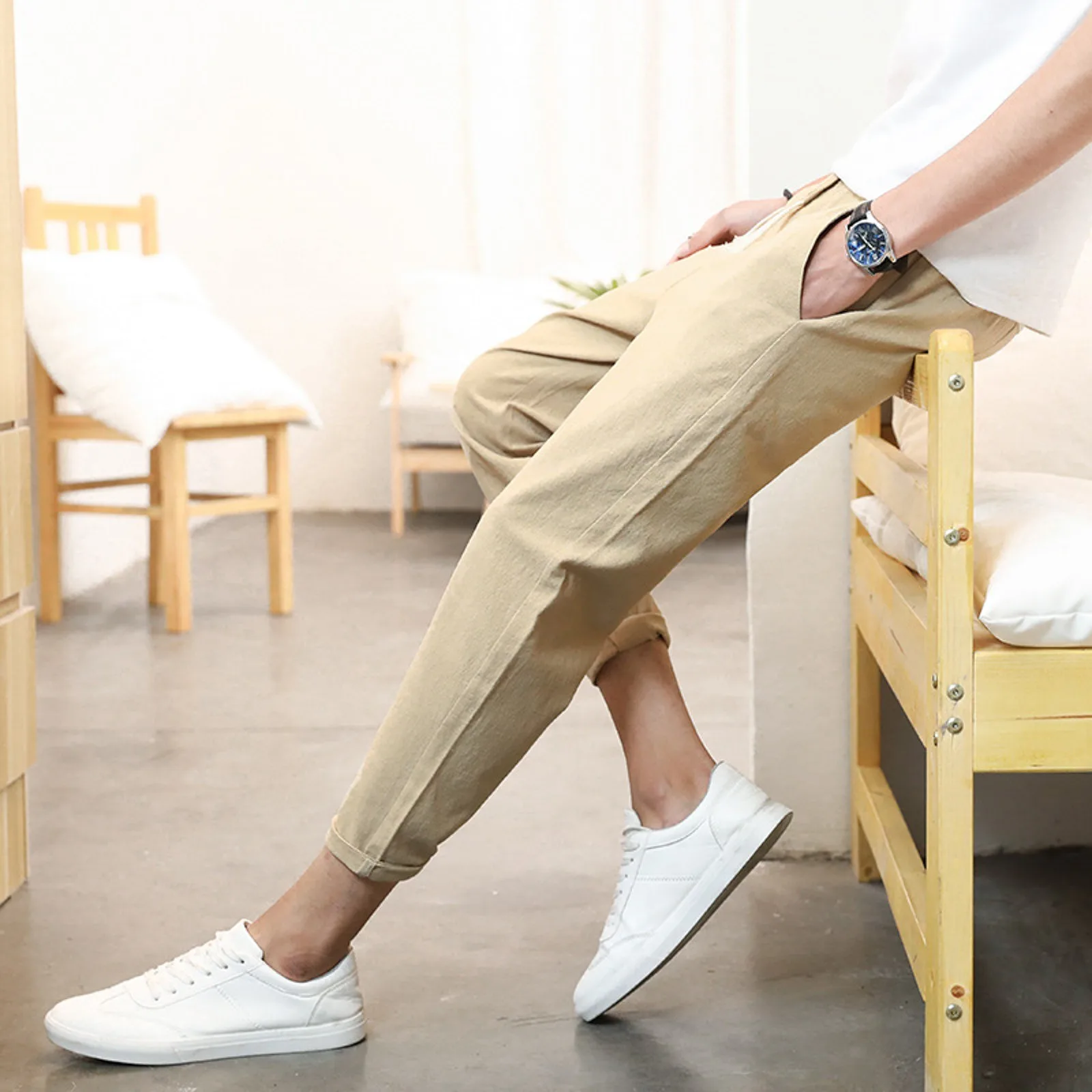 Top Trends: Men'S Solid Color Casual Trousers Japanese Linen Exercise Slim Ankle Length Feet Pants Daily Outwear Shoppable Styles