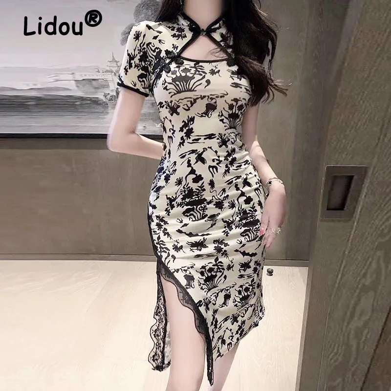 Top Trends: Chinese Style Cheongsam Disc Button X-shaped Dress Summer Fashion Vintage Lace Dress Sexy Elegant Dress For Female Floral Dress Shoppable Styles