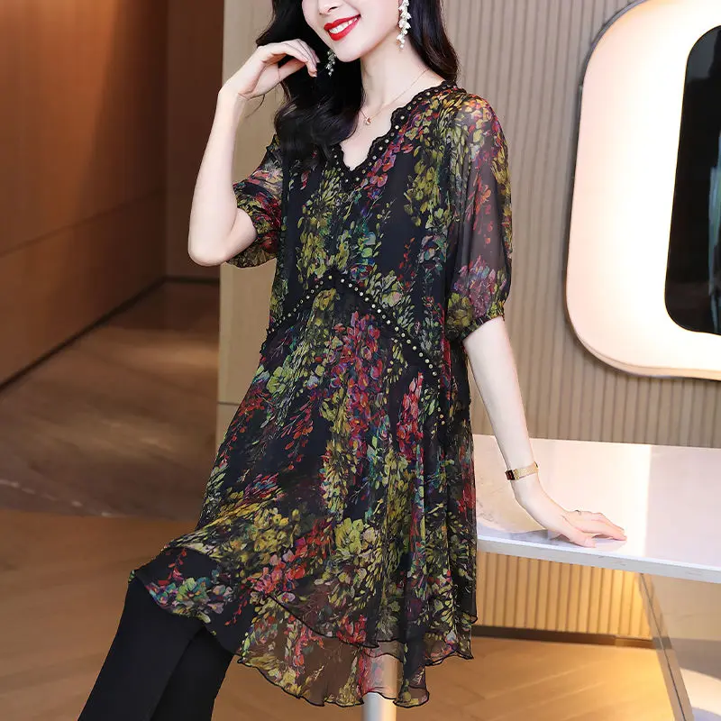 Top Trends: Elegant Vintage V-Neck Spliced Midi Chiffon Shirt For Female Casual Loose Printed Half Sleeve Blouse Summer Women&#039;s Clothing Shoppable Styles