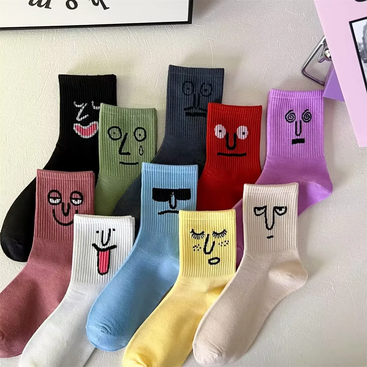 Top Trends: 10 Colors Cotton Korea Fashion Funny Cartoon Women Long Socks Street Skateboard Girls Casual Expression Solid Cute Calcetines Shoppable Styles