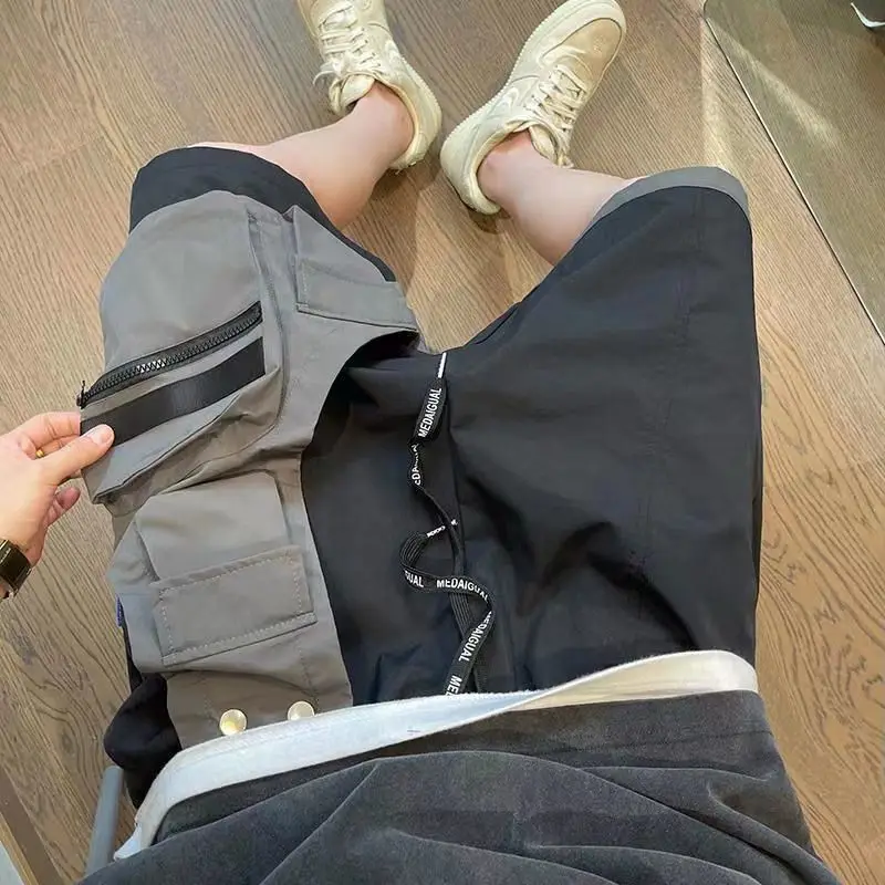 Top Trends: Black And Gray Splicing Wild Fake Two-piece Pocket Work Shorts Men's Loose Five Pants Summer Trend Streetwear Basketball Shorts Shoppable Styles