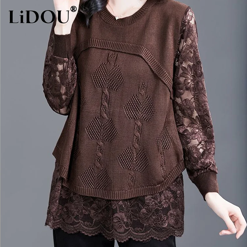 Top Trends: 2023 Autumn Winter New Solid Jacquard Weave Long Sleeve Sweaters Women Knitting Pullovers Lace Patchwork Casual Tops Jumpers Shoppable Styles