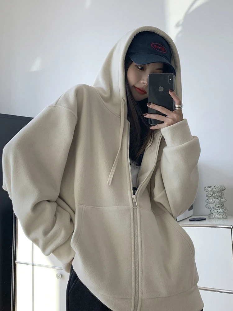 Top Trends: HOUZHOU Winter Fleece Beige Zip Up Hoodies Women Korean Style Harajuku Oversize Solid Hooded Sweatshirts Velvet Warm Jackets Shoppable Styles