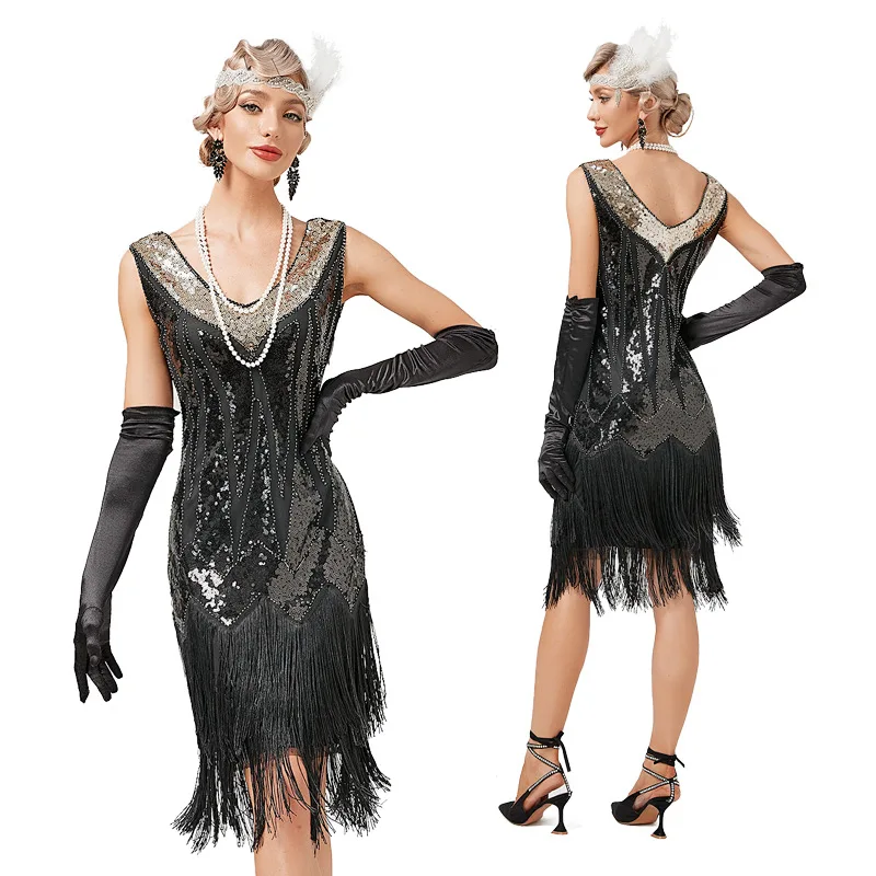 Top Trends: Vintage 1920s Flapper V-neck Double Tassel Dress Great Gatsby Cosplay Costume Cocktail Party Charleston Dance Sequin Stud Dress Shoppable Styles - Image 3