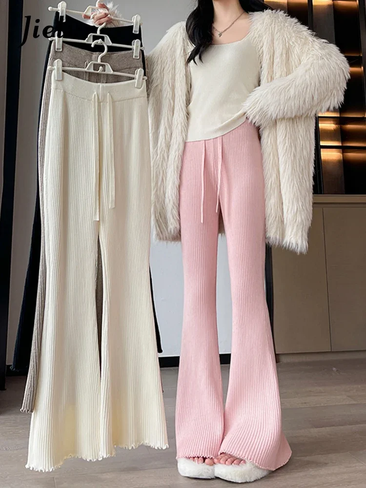 Top Trends: Jielur Autumn New High Waist Slim Women Pants Simple Basic Fashion Knitted Woman Pants Black Pink Apricot Korean Wide Leg Pants Shoppable Styles