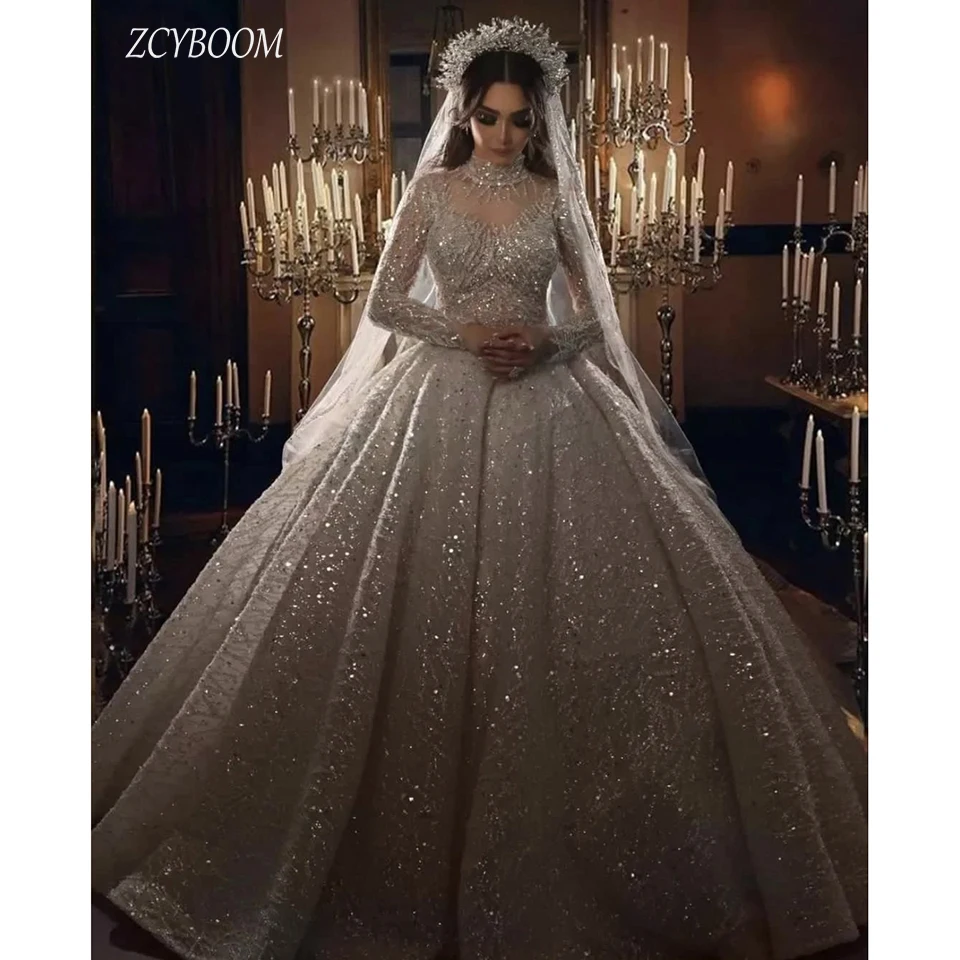 Top Trends: Gorgeous High-Neck Sequin Appliques Long Sleeves Wedding Dress 2023 Ball Gown Floor Length Sweep Train Tulle Zipper Bridal Gown Shoppable Styles