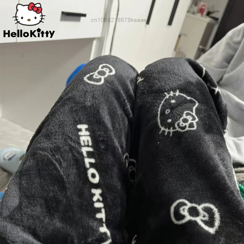 Top Trends: Sanrio Hello Kitty New Style Flannel Pajamas Pants Black Women Soft Plush Trousers Y2k Clothes Kawaii Female Casual Home Pants Shoppable Styles