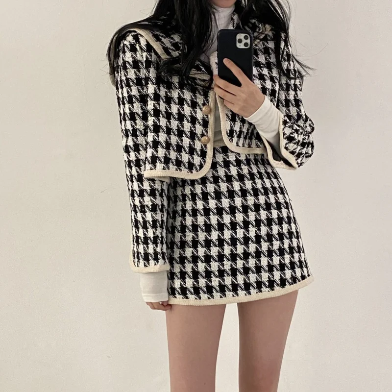 Top Trends: Women Autumn Winter Korean New Lapel Skirt Suits Fashion Socialite Plaid Coat Twrapped Hip Half Skirt Long Sleeve Two-piece Set Shoppable Styles