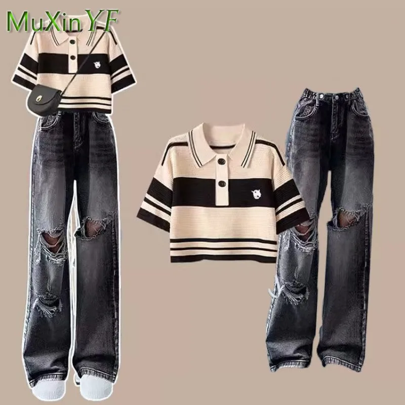 Top Trends: Women&#039;s Summer New Jeans Matching Set Korean Loose Striped Knitted Short Sleeve Top+ High Waist Denim Pants Two Piece Female Suit Shoppable Styles