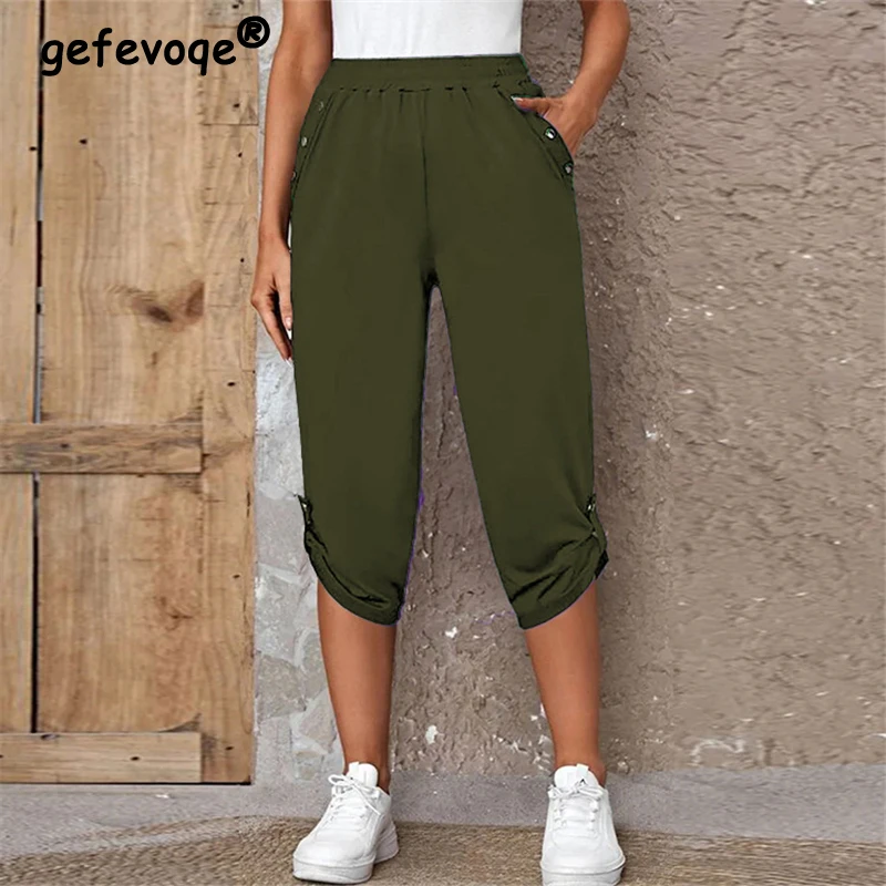 Top Trends: Women Clothes 2023 Summer Sports Joggers Comfortable Cropped Pants Y2K Casual Streetwear Solid Pockets Buttons Capris Pantalones Shoppable Styles